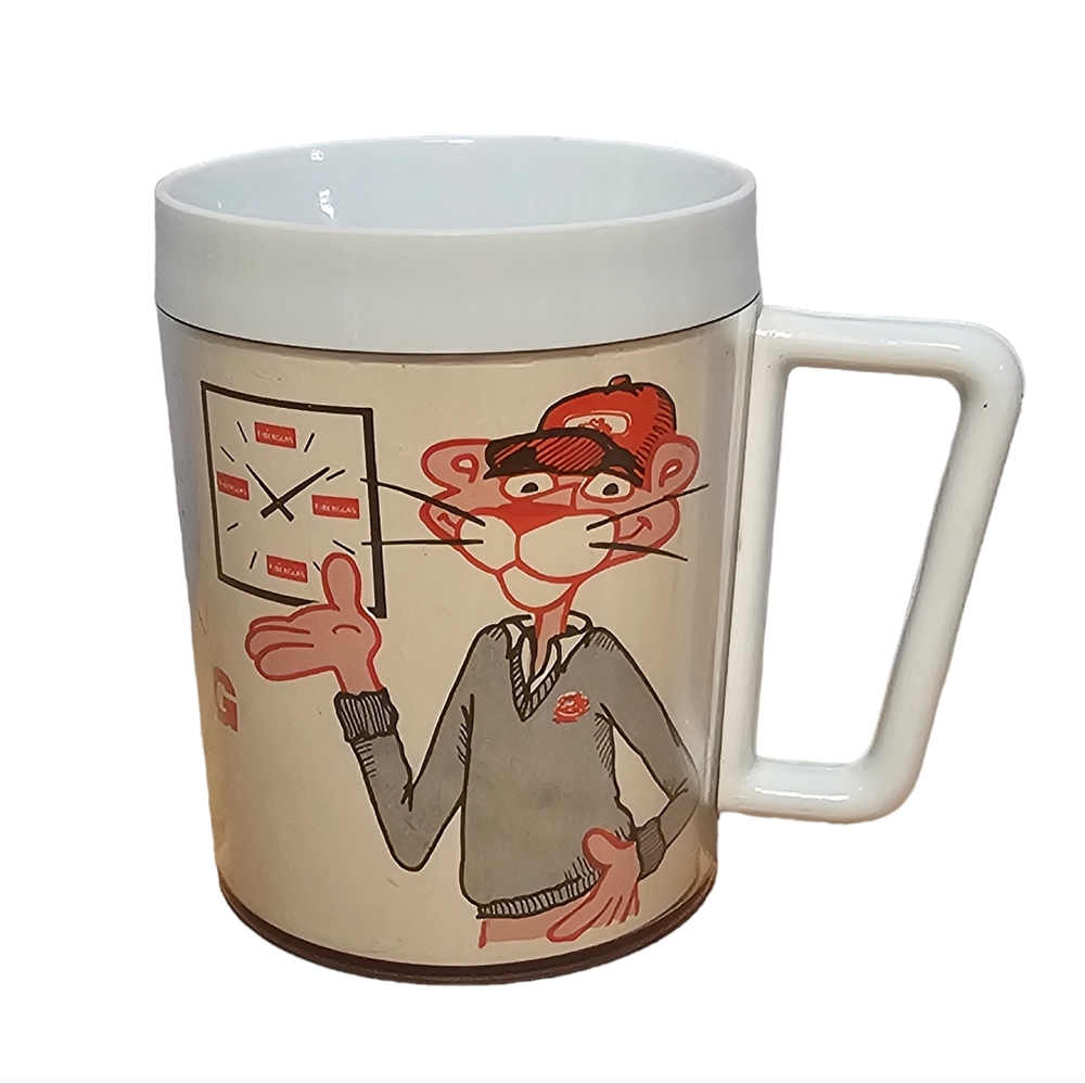 Vintage Pink Panther Owens Corning Fiberglas Insulated Coffee Mug